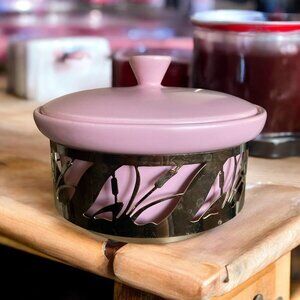 Vintage Pink Ceramic Serving Dish Cattail Metal Holder by Northington USA made